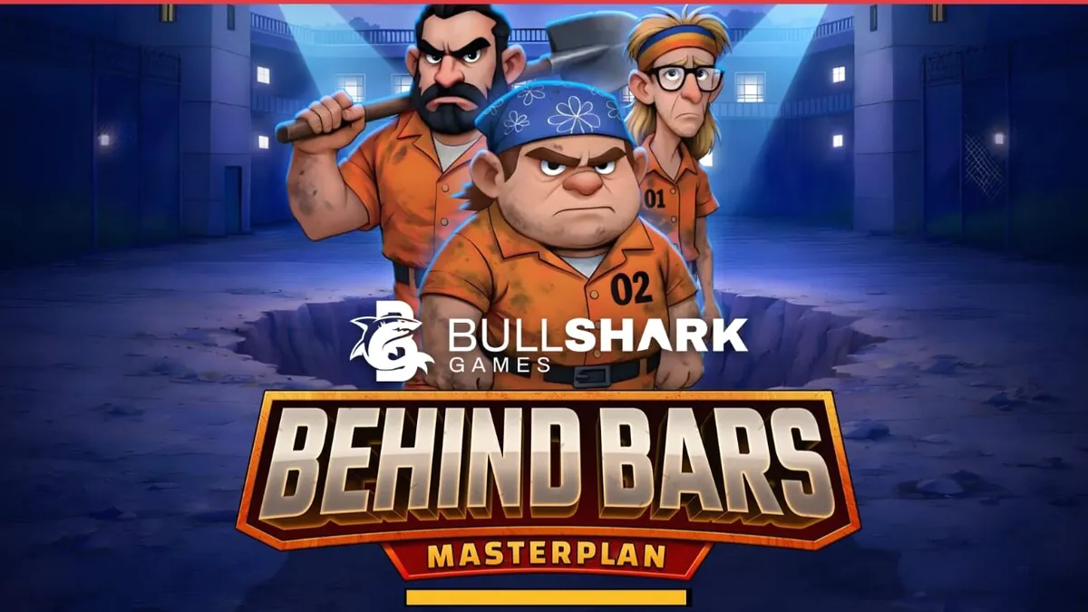 The main screen of Behind Bars Masterplan featuring the three cartoon convicts.