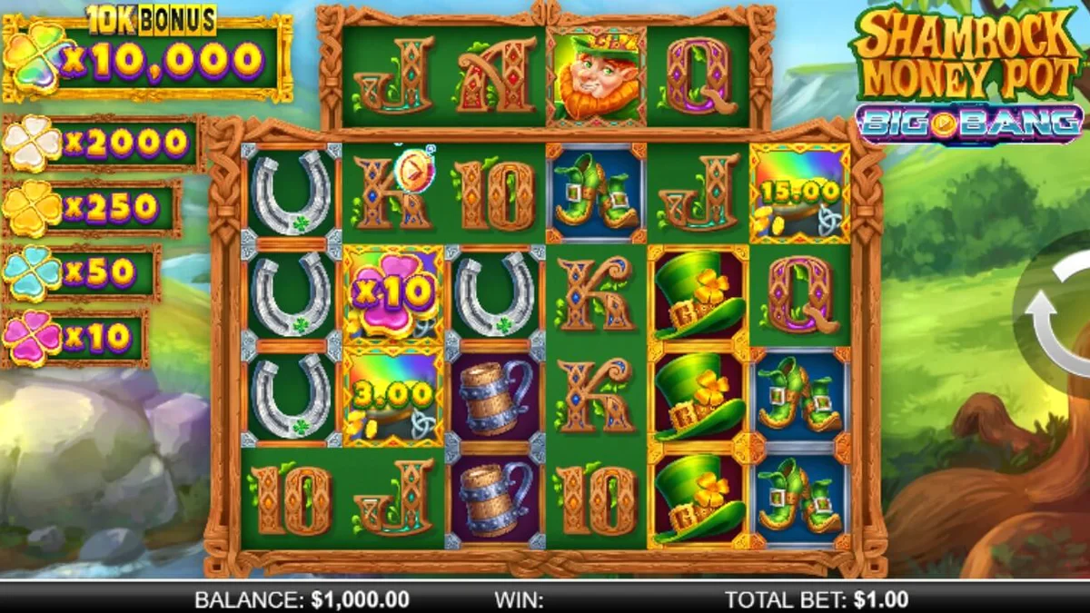 Shamrock Money Pot Big Bang স্লট গেমের একটি দৃশ্য যেখানে আইরিশ থিমের সাথে মহাকাশ অভিযানের সংমিশ্রণ দেখা যাচ্ছে।
